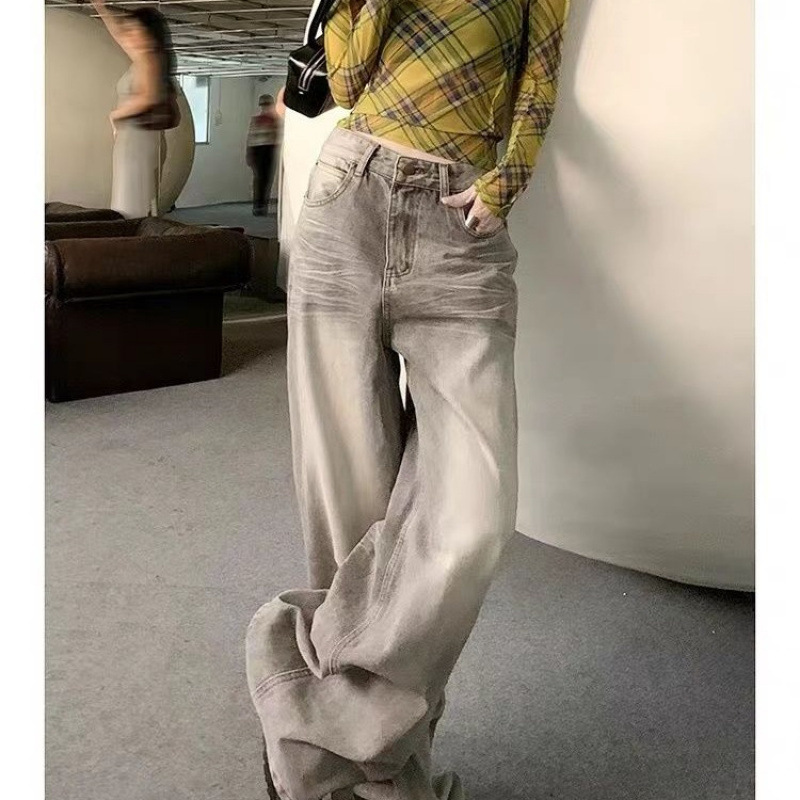 灰色美式复古阔腿牛仔裤女薄款夏季2025新款垂感宽松直筒拖地裤子