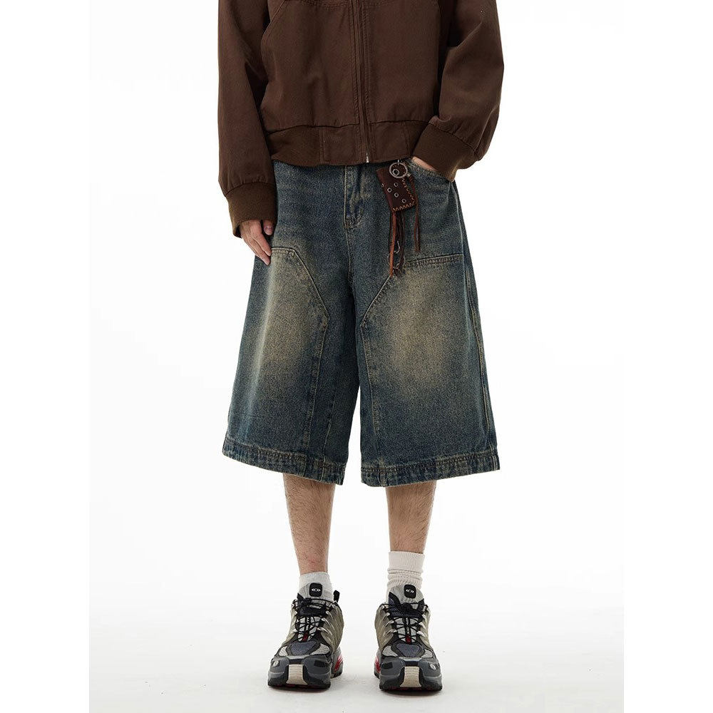 美式高级感牛仔短裤男士复古裤子欧美伐木阔腿短裤六分裤情侣夏季