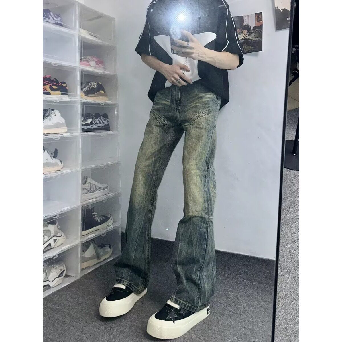 美式水洗复古直筒拼接牛仔裤男女做旧微喇叭宽松休闲裤子潮牌