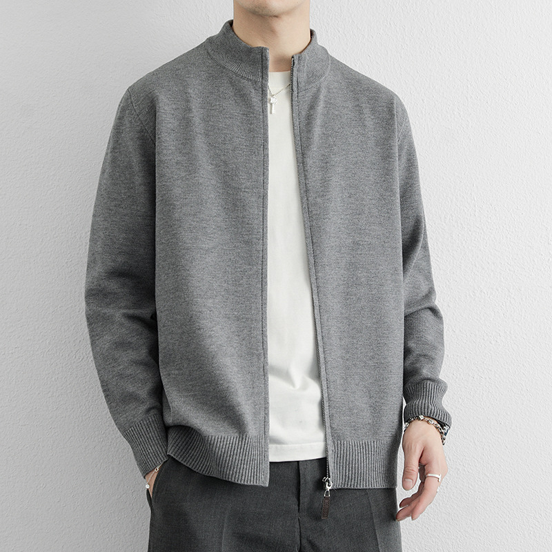 灰色针织开衫外套男秋冬厚款高级感慵懒风韩系立领拉链毛衣夹克
