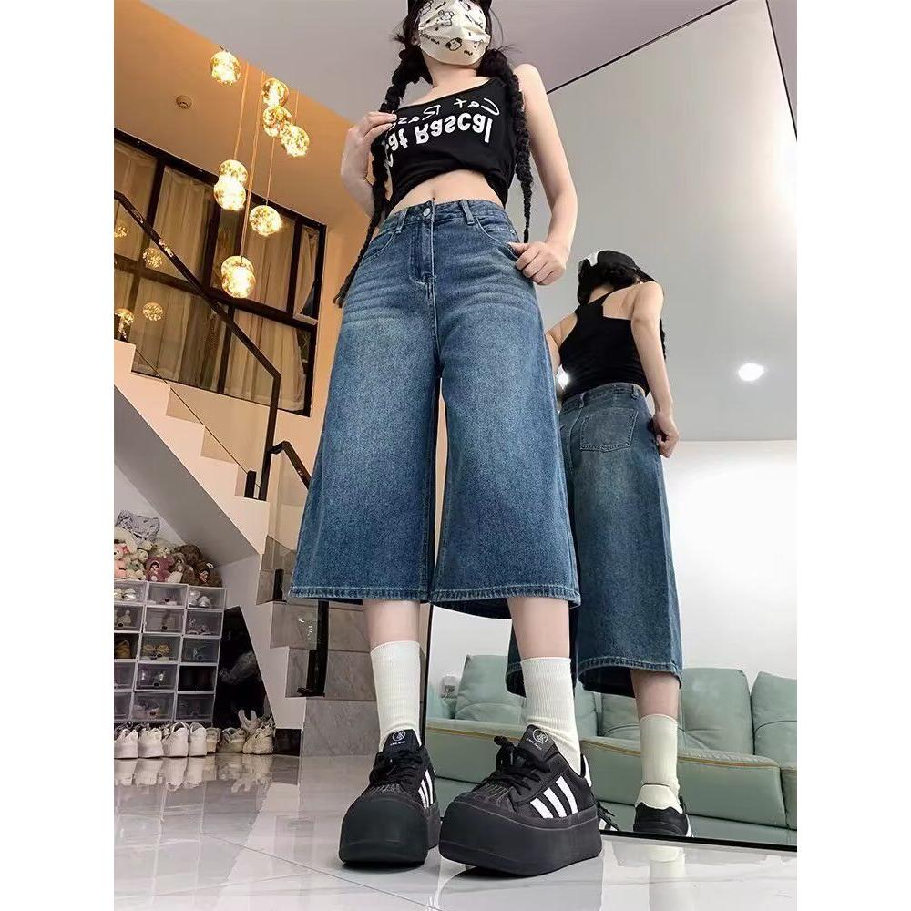 美式高街复古阔腿七分牛仔中裤女夏季高腰大码显瘦宽松直筒短裤子
