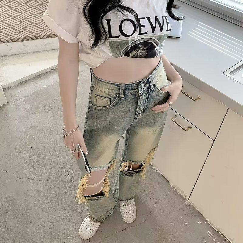 高腰牛仔裤女休闲宽松百搭复古设计破洞直筒阔腿拖地裤长裤潮帅气