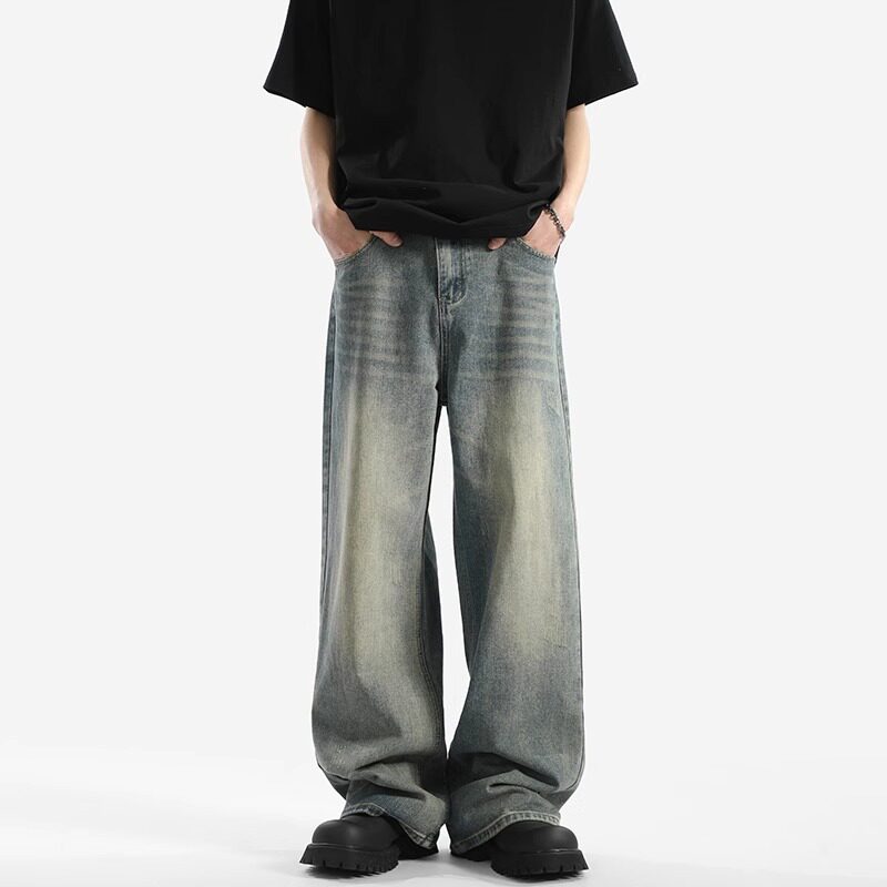 美式复古牛仔裤男春季潮牌水洗做旧直筒长裤高街百搭休闲阔腿裤子