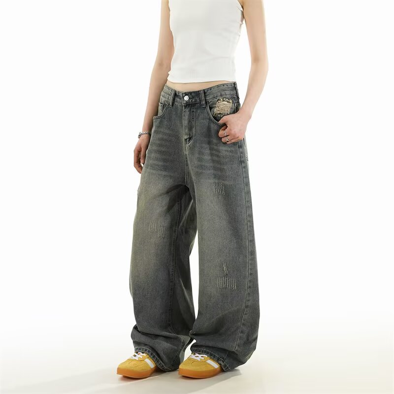 跨境秋季美式cleanfit休闲直筒破洞牛仔裤男女复古宽松阔腿长