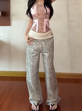 baggy风豹纹印花低腰直筒牛仔裤子女复古美式辣妹宽松窄版阔腿裤