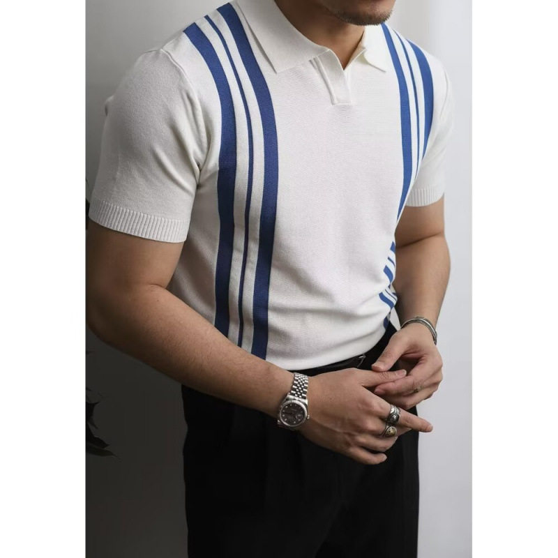跨境轻熟英伦风撞色竖条纹短袖针织衫复古潮男痞帅微宽松POLO衫