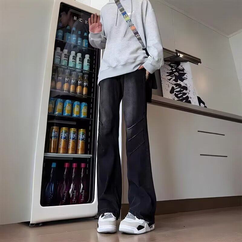 美式复古高个子牛仔裤弯刀vibe风褶皱裤子男款水洗做旧直筒微喇裤