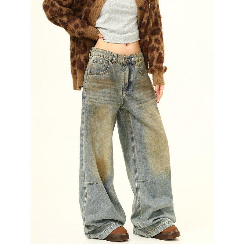 美式水洗做旧脏染直筒牛仔裤男女新款复古宽松休闲百搭阔腿裤子潮