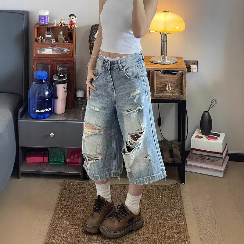 美式复古高街破洞牛仔七分裤男女夏季做旧水洗宽松垂感阔腿短裤潮