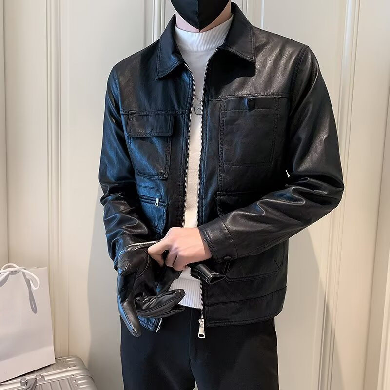 痞帅韩版修身机车短款皮衣夹克男士春秋潮流帅气休闲翻领PU皮外套