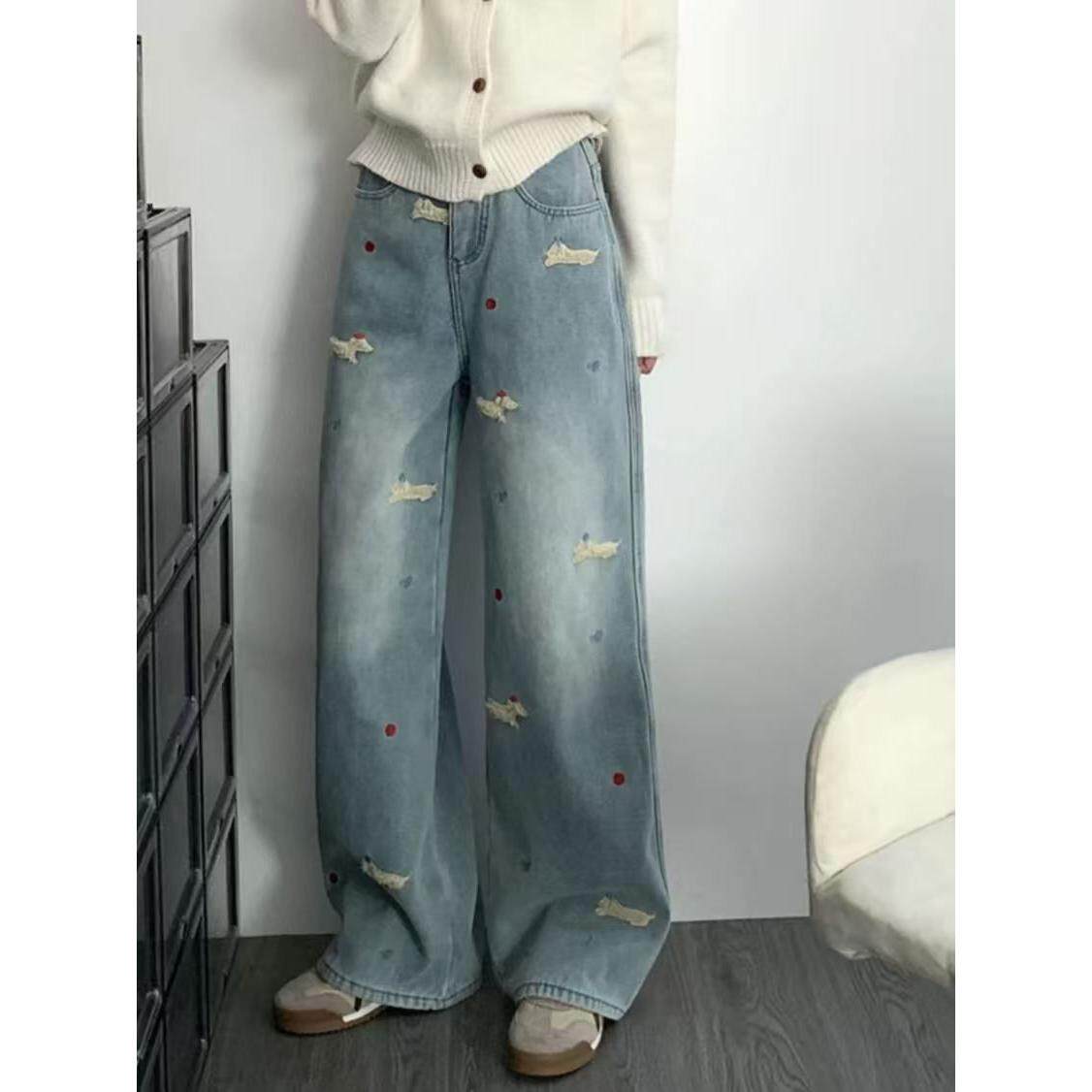 腊肠狗加绒刺绣直筒牛仔裤女秋冬款大码胖mm高腰宽松显瘦阔腿长裤