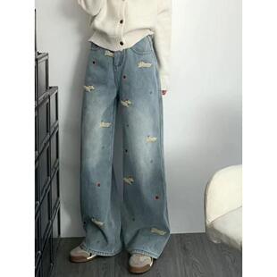 腊肠狗加绒刺绣直筒牛仔裤女秋冬款大码胖mm高腰宽松显瘦阔腿长裤