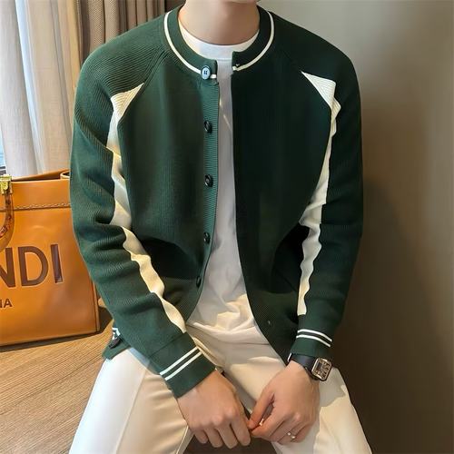 轻熟风修身圆领撞色美式棒球服款开衫单排扣学院风针织外穿毛衣潮