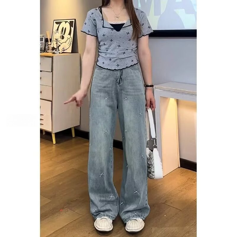 梨形身材阔腿牛仔裤女2025春季大码胖mm宽松显瘦遮胯直筒拖地长裤