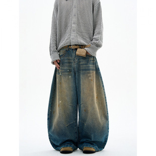 美式复古廓形水洗黄弯刀牛仔裤男女潮牌宽松堆积街头垂感拖地