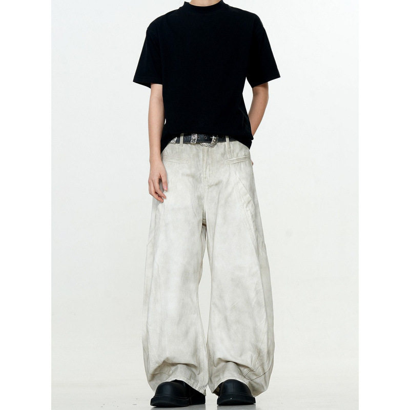 美式复古脏白色香蕉弯刀牛仔裤潮牌男女新款宽松休闲阔腿水洗做旧