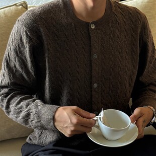 咖色圆领开衫毛衣男生美式重磅百搭长袖上衣休闲宽松慵懒风