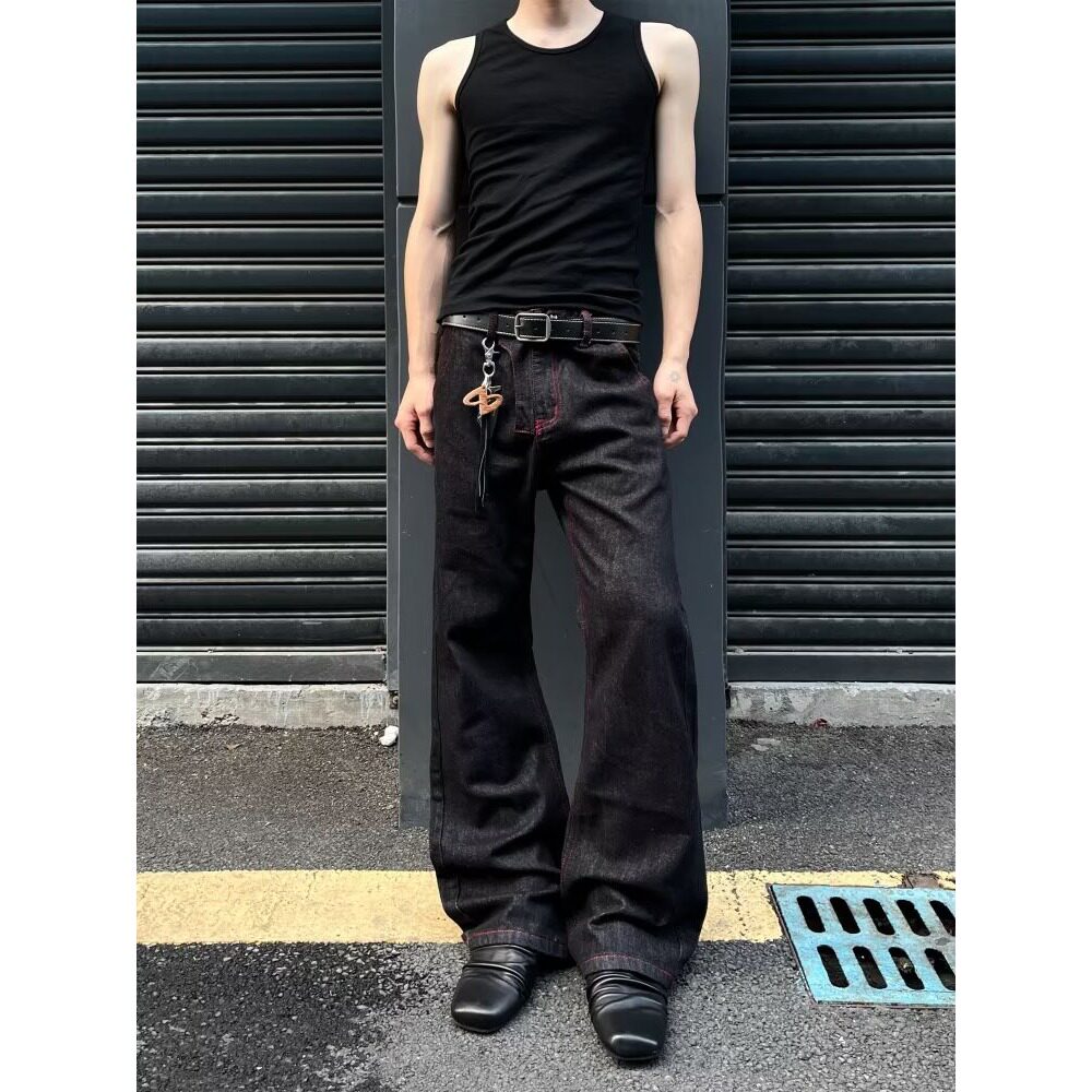 美式街头cleanfit原牛红边撞色微喇牛仔裤男女潮老钱风宽松休闲裤