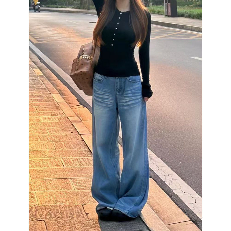 美式复古水洗蓝牛仔裤女2025春季新款高腰宽松显瘦折痕直筒阔腿裤