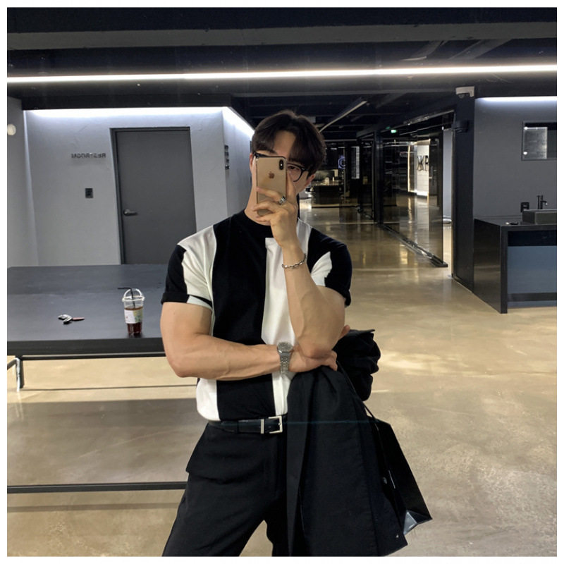 韩版夏季黑白拼色商务短袖男Polo衫宽松轻熟撞色翻领潮流透气针织