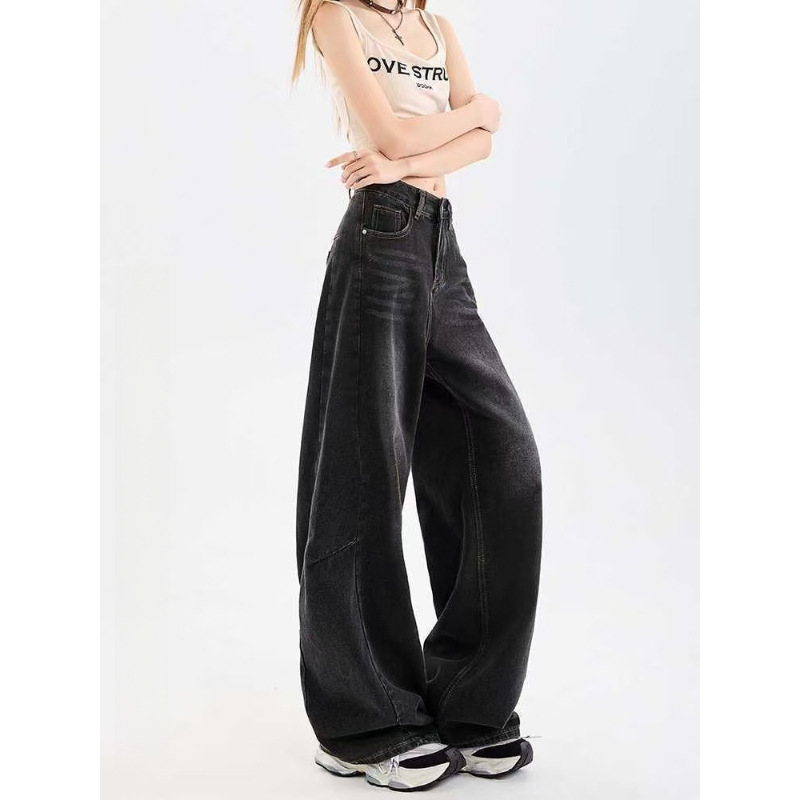 2025年新款黑灰色美式阔腿牛仔裤女夏季宽松显瘦设计感直筒长裤子