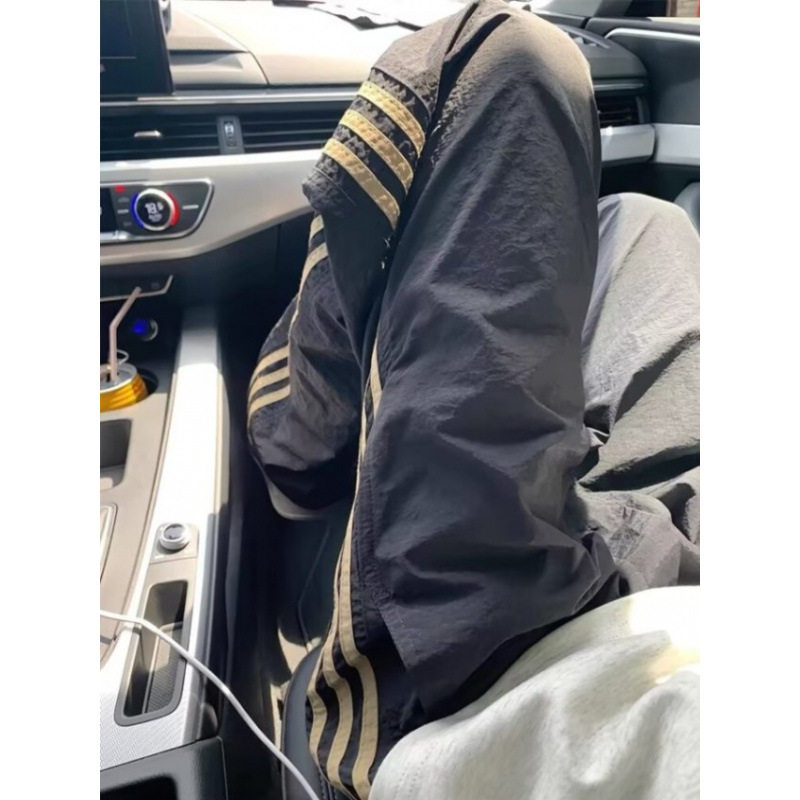 跨境高街黑色条纹裤子男款夏季美式速干工装裤直筒运动休闲裤