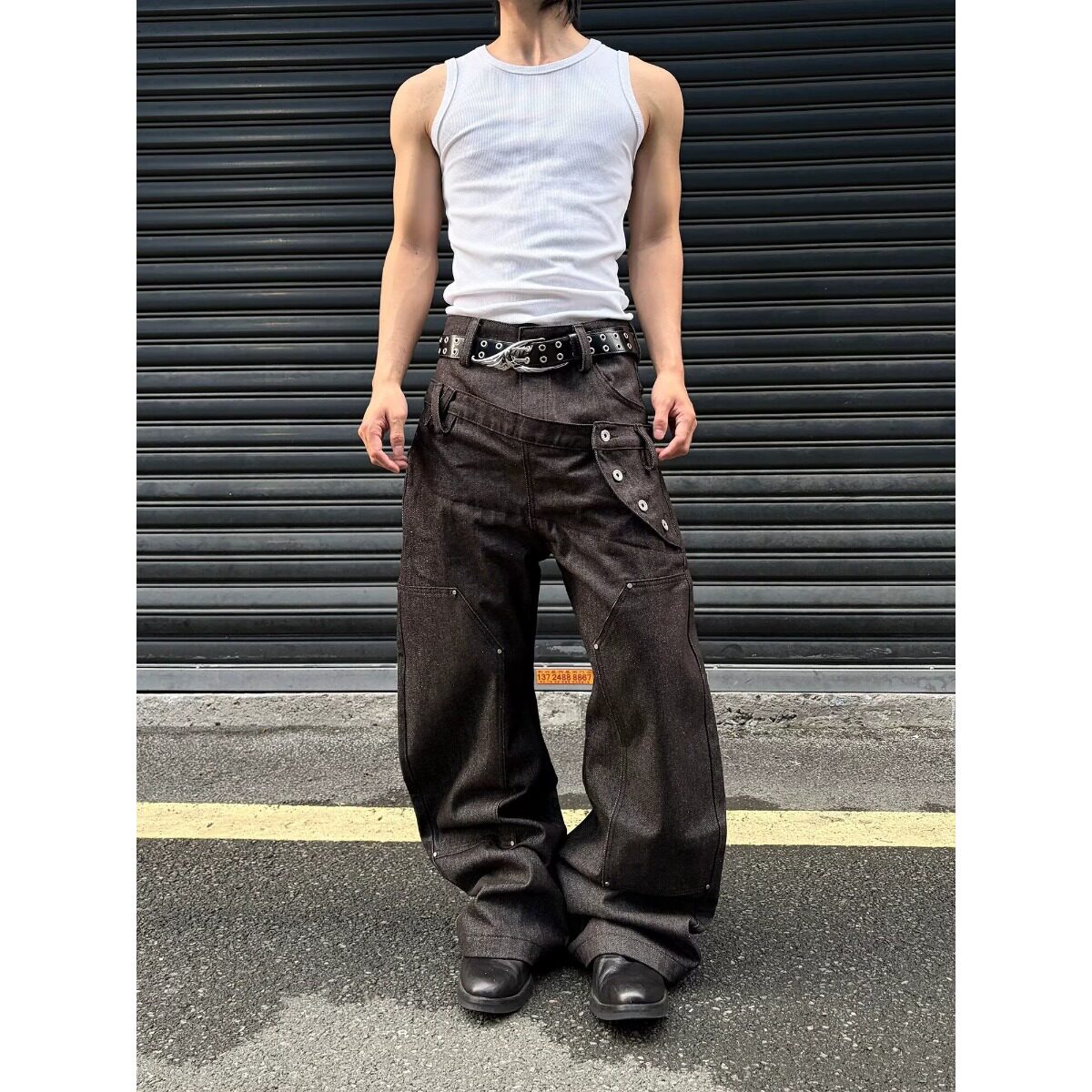 跨境双腰头剑道裤原牛长裤baggy版型街头重磅宽松街头牛仔裤男女图片