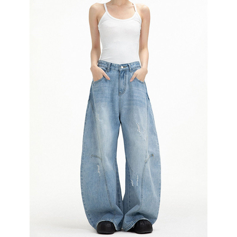 美式复古廓形弯刀牛仔裤男女宽松vintage解构水洗阔腿休闲裤子ins