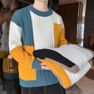 撞色毛衣男2025秋冬季潮牌针织衫冬天宽松毛衫圆领加厚保暖线衣服