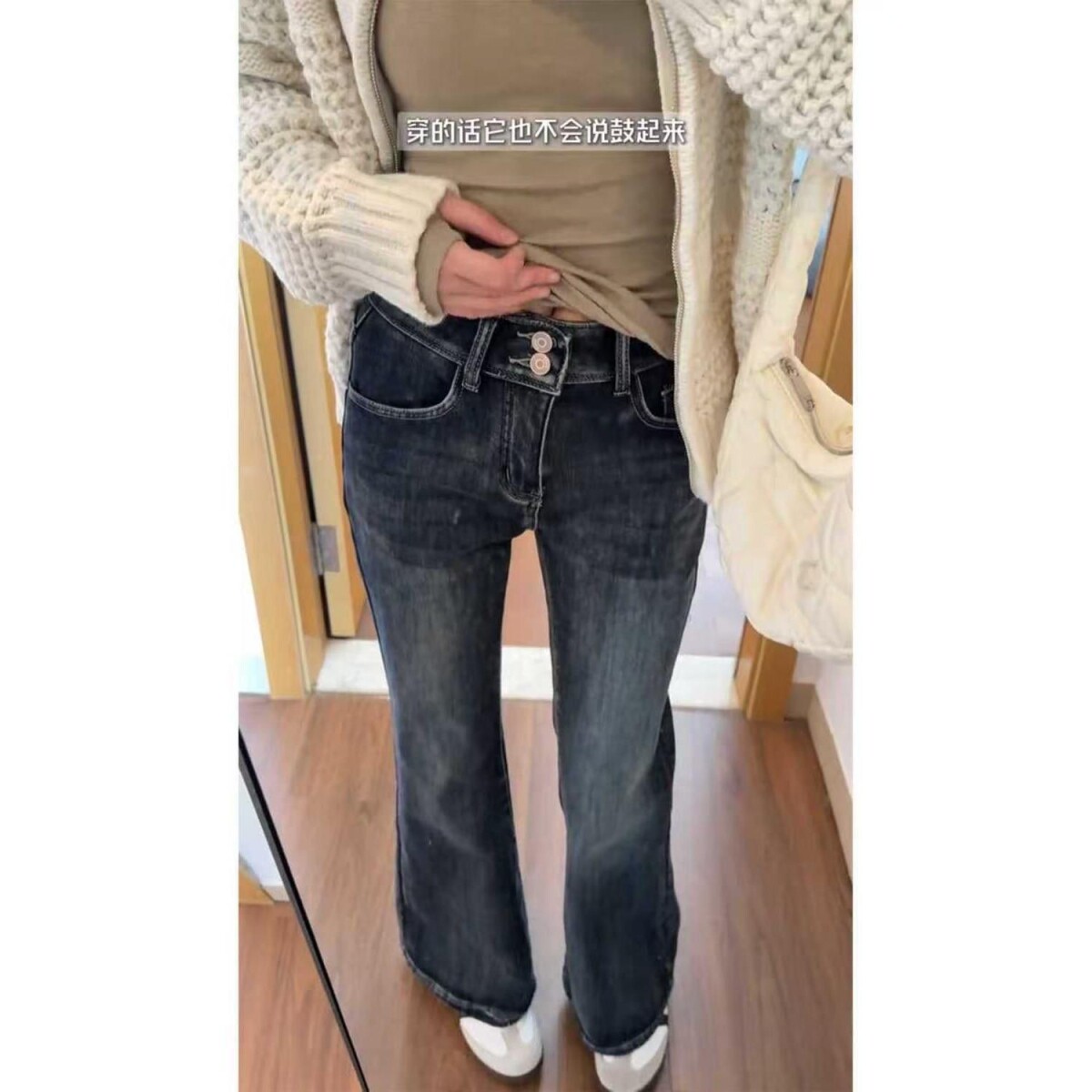 美式复古蓝灰色微喇叭牛仔裤女秋冬新款高腰弹力显瘦马蹄裤子
