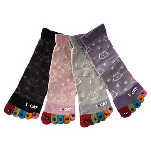 内田春秋中筒卡通印胶棉五指袜女款 可爱宽口不勒脚中筒脚趾女袜子