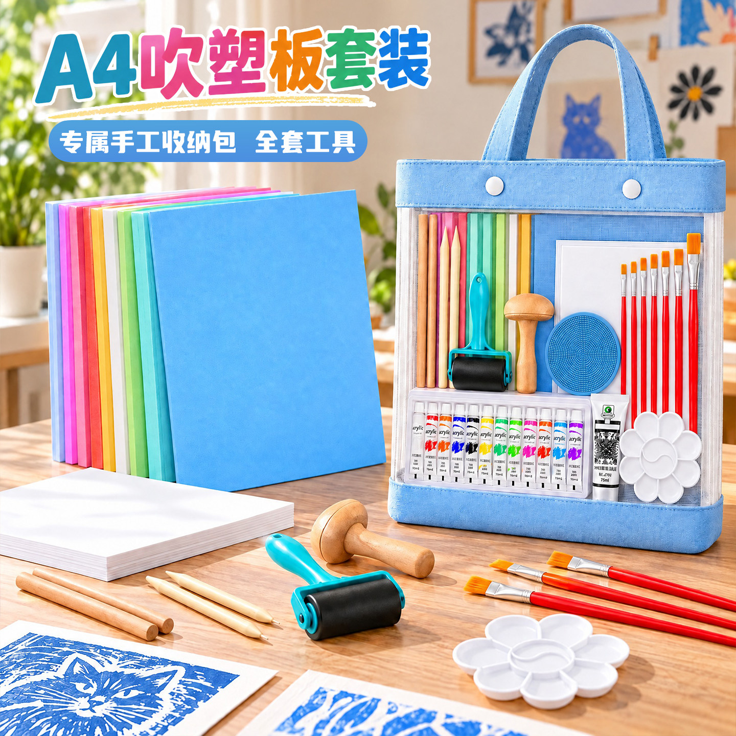 美术专用吹塑板A4高密度4mm加厚初学者油墨版画拓印雕刻材料工具套装彩色泡沫纸板小学生儿童diy手工刻纸板