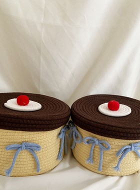 ins风奶黄色棉线编织收纳筐桌面化妆品带盖收纳盒杂物整理储物篮