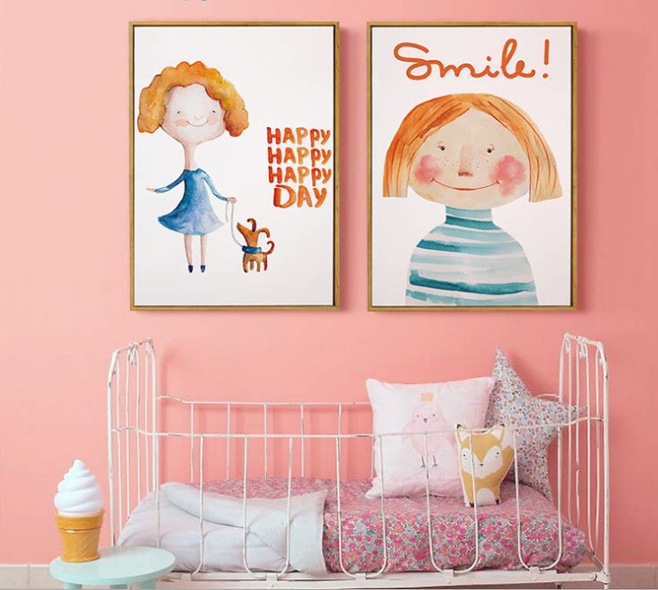 水彩女孩装饰画小清新北欧创意儿童房挂画餐厅简约壁画客厅有框画