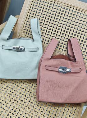 头层牛皮菜篮子软皮铂金凯利专柜品牌凯丽真皮手提斜跨百搭女士包