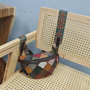 进口头层牛皮复古拼接马鞍女士胸包真皮个性少数民族斜挎腰包女包