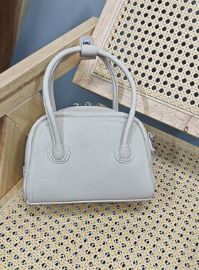 头层牛皮白色保龄球荔枝纹手提斜挎真皮大容量秋冬单肩百搭女士包