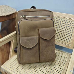 进口头层疯马牛皮复古牛仔欧美时尚真皮大容量登上男士双肩背大包