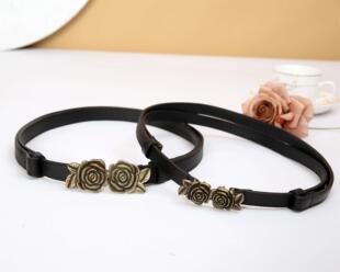 真皮山茶花细皮带女装饰头层牛皮女士腰带新款夏季潮时尚牛仔裤带