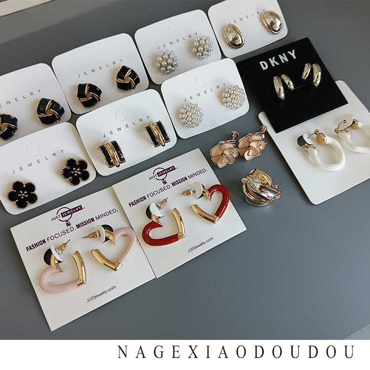 C88清货质感精致小耳环耳钉金属仿珍珠滴油花朵C圈爱心造型