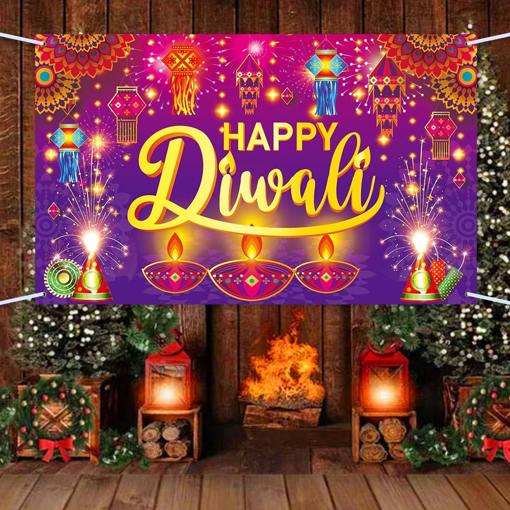 新款排灯节背景装饰 happy diwali印度节日背景布派对布置道具