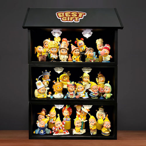 可爱卡通盲盒手办收纳展示柜三层带灯屋顶摆件现货星星人