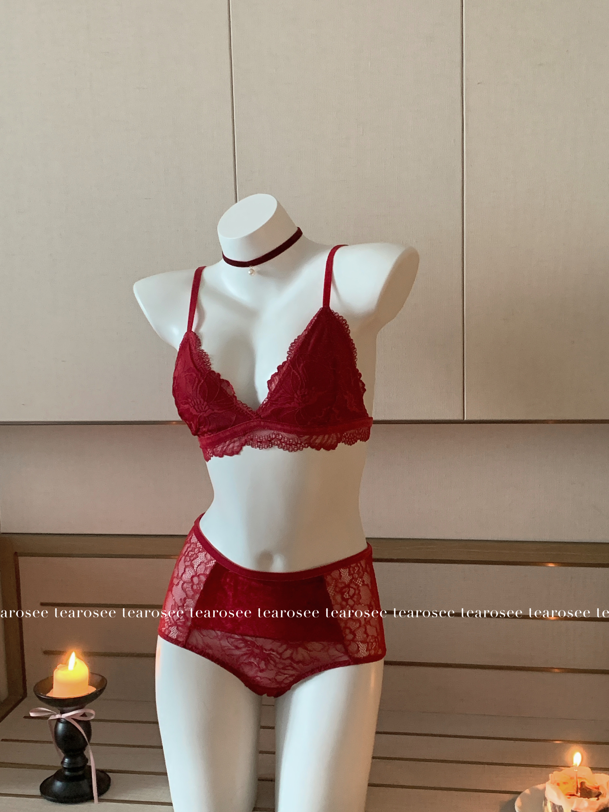 tearosee 红丝绒 约会三角杯舒适高腰性感诱惑独家内衣套装