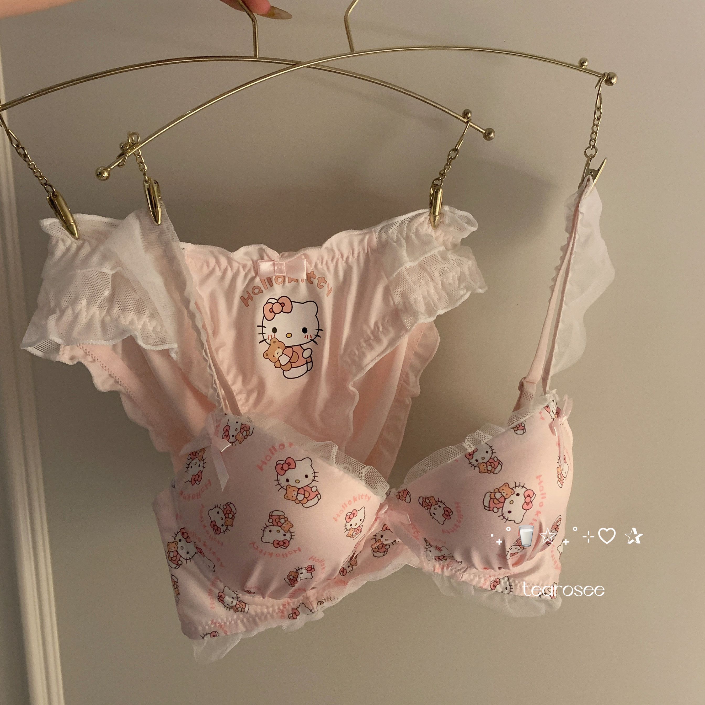 tearosee 粉色喵喵 甜美kt卡通日系舒适聚拢文胸少女套装可爱