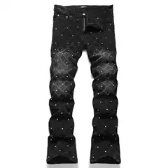 Men Straight Flared Jeans Men's Black Plaid Beaded Straight-Leg Slim-Fit Flared Jeans
