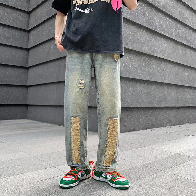 OOTDstudio美式高街破洞牛仔裤直筒ins潮牌休闲宽松长裤WH23P45图片