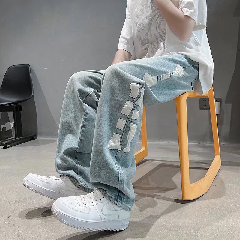 欧美vibe牛仔裤男高街ins潮美式直筒宽松拖地阔腿长裤N8094P48图片