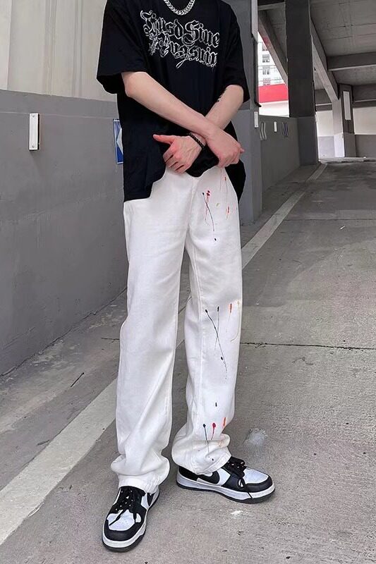 泼墨牛仔裤男宽松学生潮流ins港风阔腿休闲直筒长裤子NG094P40,男装牛仔裤,星座1116-2