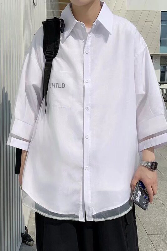 慵懒风韩范白衬衫设计感小众冰丝假两件男女情侣衬衣C2P45,男装衬衫,星座1116-2