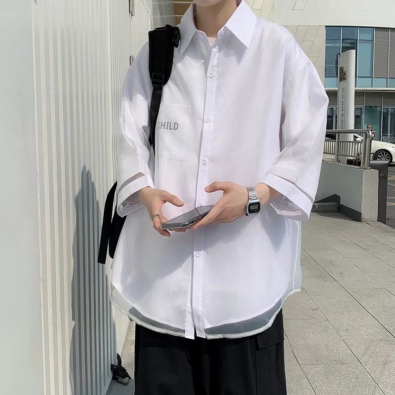 慵懒风韩范白衬衫设计感小众冰丝假两件男女情侣衬衣C2P45图片